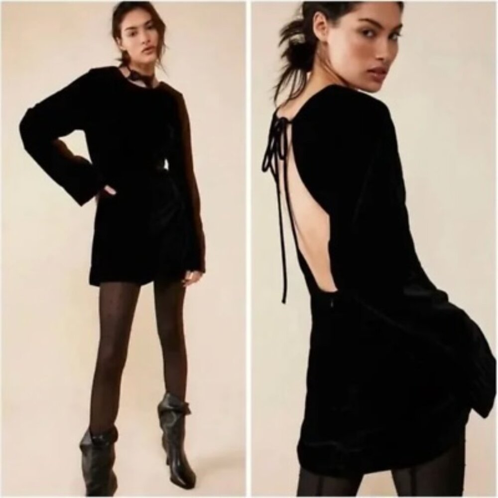 NEW Free People Black Velvet Open Back Chelsea Long Sleeve Mini Dress Sz L